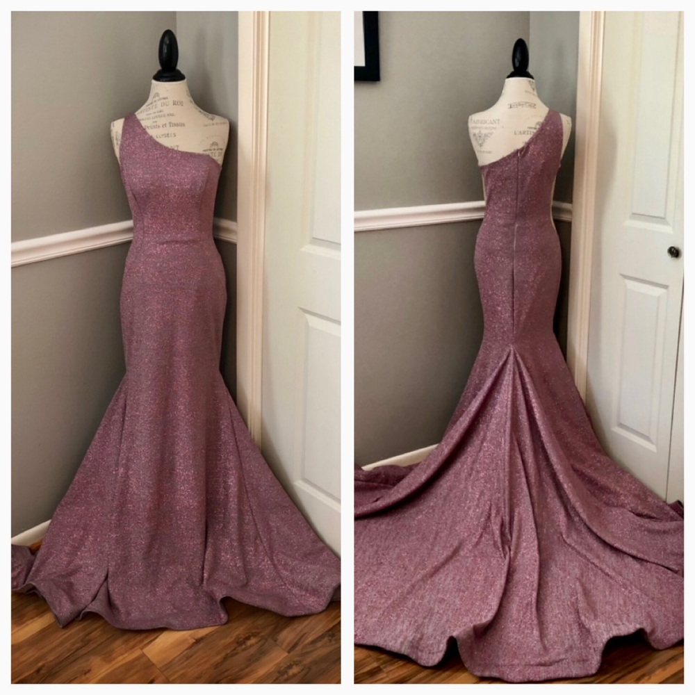 🔴CLEARANCE NEW JOVANI SZ 10 MAUVE SHIMMER NUDE ILLUSION ONE SHOULDER FORMAL GOWN - Picture 2 of 16